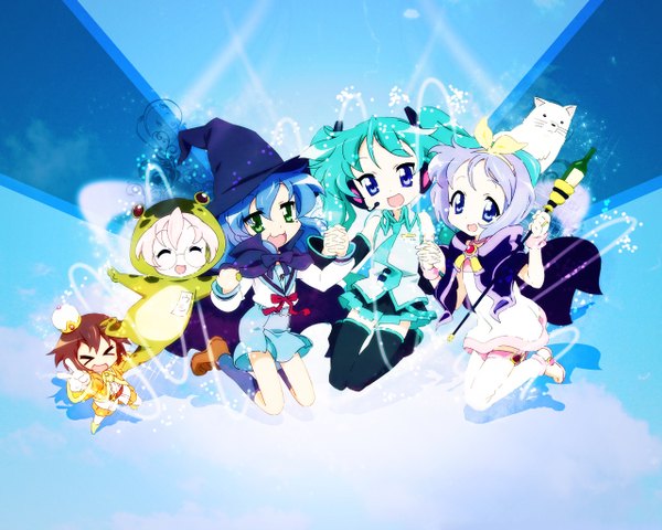 Anime picture 1280x1024 with suzumiya haruhi no yuutsu lucky star vocaloid kyoto animation hatsune miku nagato yuki izumi konata hiiragi kagami hiiragi tsukasa takara miyuki kusakabe misao takemoto yasuhiro missyg long hair fringe short hair open mouth blue eyes simple background brown hair