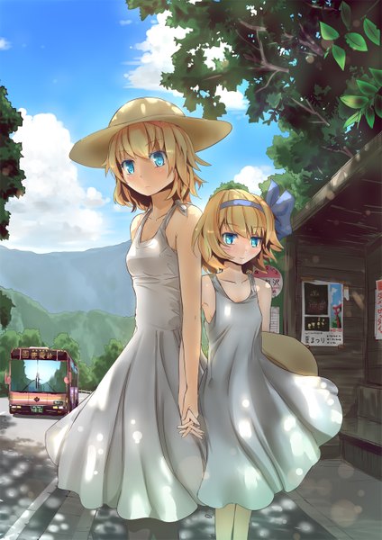 Anime picture 1024x1448 with touhou alice margatroid culter tall image short hair blue eyes blonde hair bare shoulders multiple girls girl 2 girls hat hairband sundress