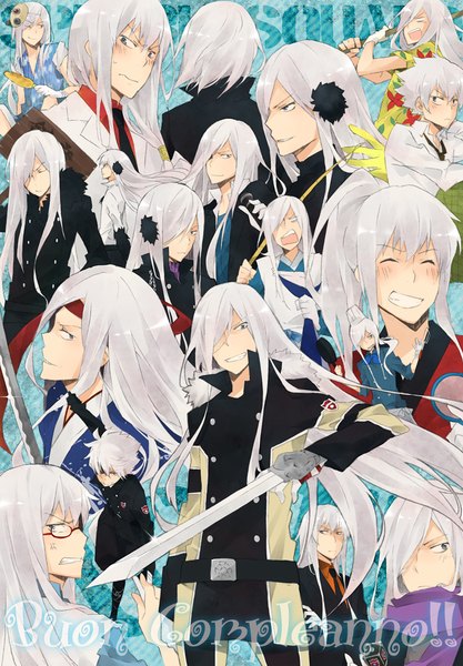 Anime picture 722x1039 with katekyou hitman reborn superbi squalo danemaru long hair tall image looking at viewer blush fringe short hair open mouth smile payot looking away silver hair ponytail eyes closed profile wind from behind hair over one eye
