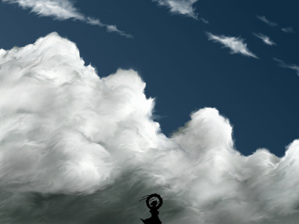 Anime picture 1600x1200 with touhou yasaka kanako single highres sky cloud (clouds) back landscape silhouette girl