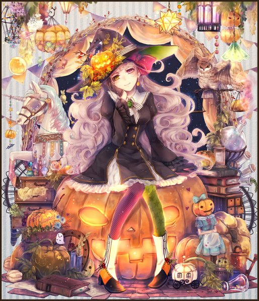 Anime picture 1000x1165 with original kuina (escapegoat) single long hair tall image looking at viewer silver hair heterochromia wavy hair halloween girl dress gloves hat animal boots bird (birds) book (books) witch hat doll (dolls)