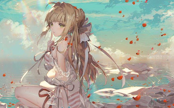 Anime picture 1029x638 with fate (series) fate/grand order nero claudius (fate) (all) nero claudius (swimsuit caster) (fate) kawacy single long hair looking at viewer fringe blonde hair wide image sitting sky cloud (clouds) ahoge outdoors braid (braids) looking back aqua eyes finger to mouth