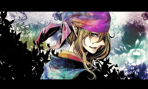 Anime picture 1662x1000 with mononoke toei animation kusuriuri (mononoke) tagme (artist) single long hair blue eyes blonde hair smile wide image japanese clothes pointy ears facial mark boy bandana