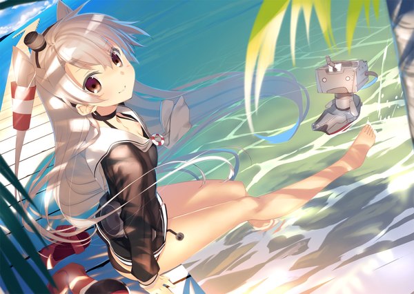 Anime picture 1800x1280 with kantai collection amatsukaze destroyer rensouhou-kun kagome (traumatize) long hair looking at viewer blush highres light erotic sitting brown eyes silver hair barefoot light smile from above wind bare legs two side up soaking feet girl