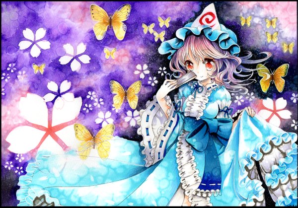 Anime picture 1500x1048 with touhou saigyouji yuyuko mosho single short hair smile red eyes pink hair wind traditional media watercolor (medium) girl dress flower (flowers) insect butterfly bonnet closed fan