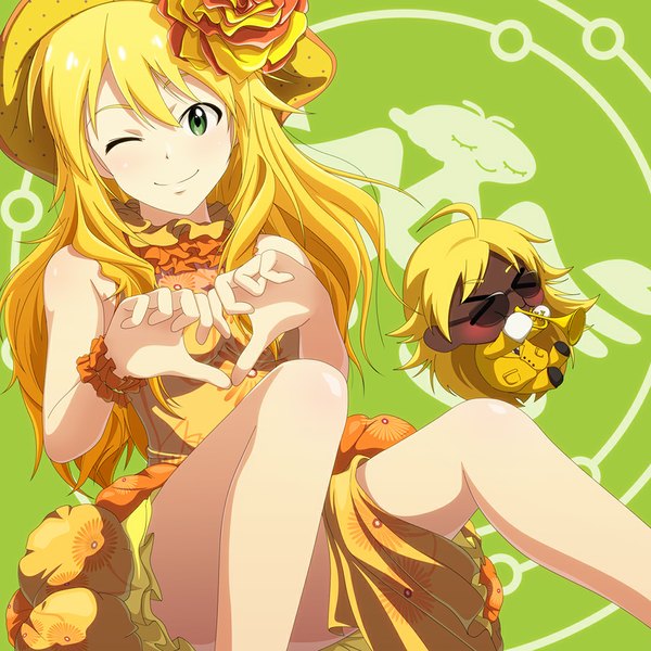 Anime picture 1000x1000 with idolmaster hoshii miki kouchou long hair looking at viewer blush simple background blonde hair smile green eyes one eye closed hair flower wink heart hands girl hair ornament heart sunglasses musical instrument trumpet