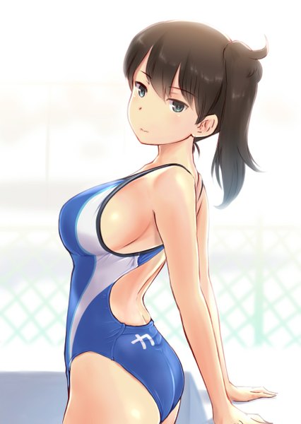 Anime picture 868x1223 with kantai collection kaga aircraft carrier wa (genryusui) single long hair tall image looking at viewer blush breasts light erotic brown hair large breasts bare shoulders ponytail grey eyes sideboob side ponytail girl swimsuit one-piece swimsuit