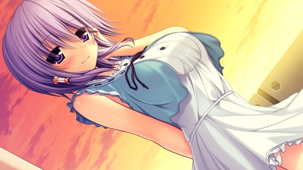 Anime picture 1280x720 with namaiki delation natsushima misaki single blush short hair wide image game cg sky purple hair cloud (clouds) evening sunset girl dress sundress