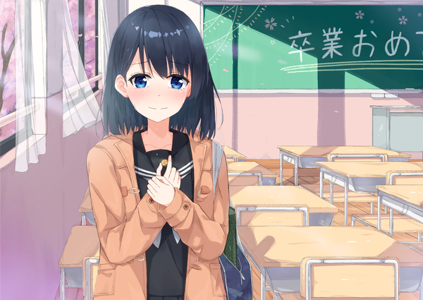 Anime picture 1416x1003 with original mirai (mirai76 ) single looking at viewer blush fringe short hair blue eyes black hair smile holding upper body indoors sunlight shadow tears cherry blossoms hieroglyph happy tears girl