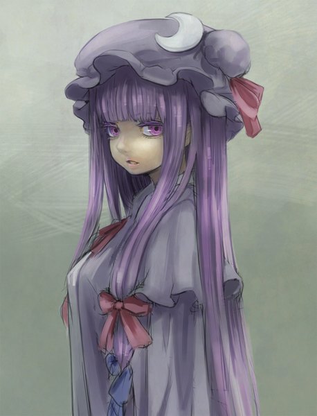 Anime picture 1100x1442 with touhou patchouli knowledge potionu single long hair tall image looking at viewer fringe open mouth simple background purple eyes purple hair grey background girl dress bow hair bow bonnet