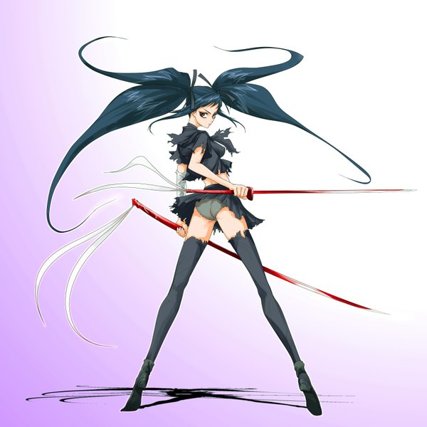 Anime picture 1600x1600 with original agahat (artist) single long hair light erotic black hair twintails brown eyes looking back torn clothes girl thighhighs underwear panties weapon black thighhighs sword katana