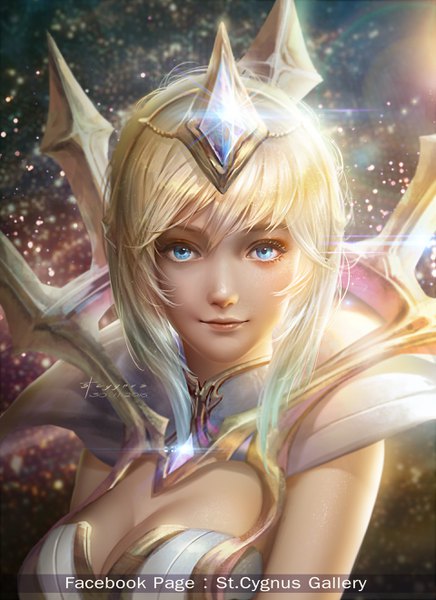 Anime picture 1920x2640 with league of legends lux (league of legends) stcygnus single tall image looking at viewer fringe highres breasts blue eyes blonde hair signed light smile lips realistic sparkle girl headband crystal
