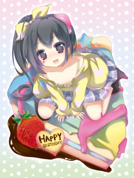 Anime picture 1100x1466 with k-on! kyoto animation nakano azusa haruna mahiru (artist) long hair tall image open mouth black hair black eyes polka dot happy birthday polka dot background girl bow hair bow food sweets berry (berries) cake strawberry