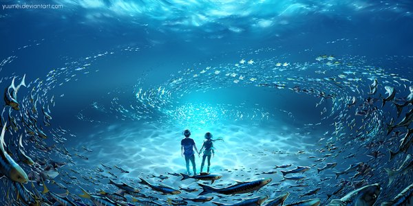 Anime picture 1500x750 with original yuumei long hair short hair black hair brown hair wide image standing ponytail back holding hands underwater girl boy animal water bubble (bubbles) fish (fishes)