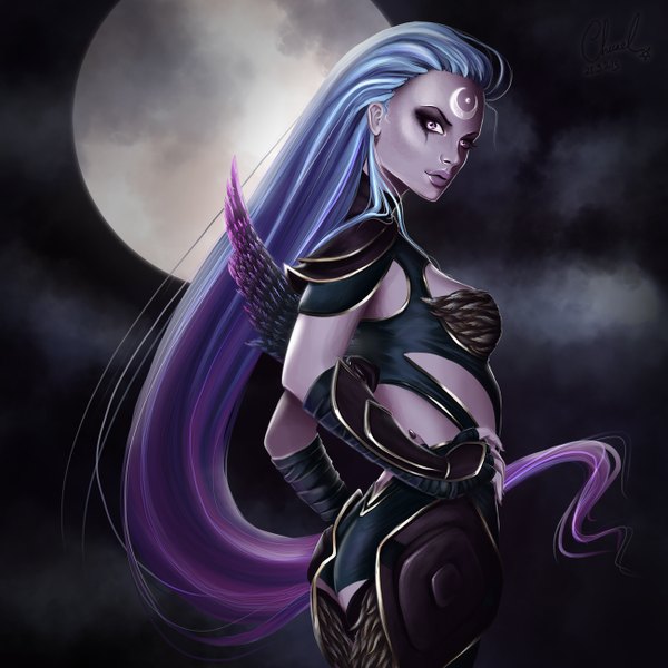 Anime picture 1300x1300 with league of legends diana (league of legends) single looking at viewer blue hair pink hair very long hair pink eyes multicolored hair night facial mark girl full moon