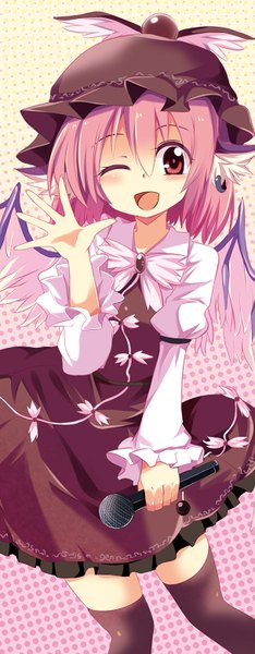 Anime picture 608x1553 with touhou mystia lorelei matsuri uta single tall image blush short hair open mouth red eyes animal ears pink hair one eye closed wink polka dot polka dot background girl thighhighs dress black thighhighs wings