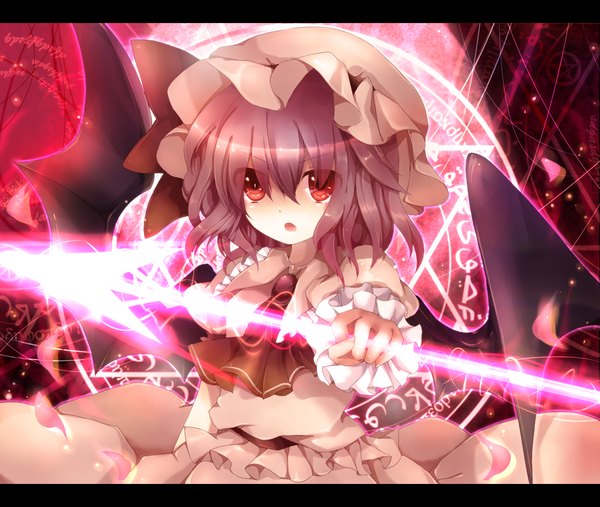Anime picture 1300x1100 with touhou remilia scarlet maho moco short hair open mouth red eyes magic bat wings girl dress bow hat petals spear magic circle spear the gungnir