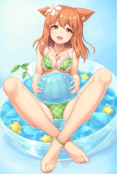 Anime picture 780x1160 with original sasaame single long hair tall image looking at viewer breasts open mouth light erotic brown hair brown eyes animal ears girl swimsuit bikini water ice