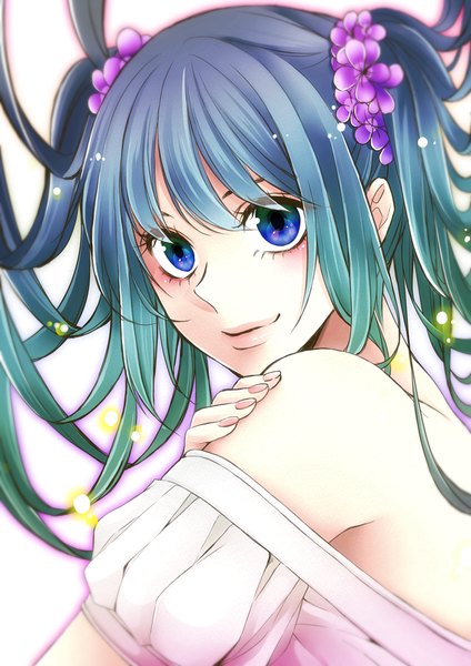 Anime picture 707x1000 with vocaloid hatsune miku asami yoruko single tall image looking at viewer blue eyes smile twintails bare shoulders blue hair hair flower fingernails off shoulder alternate costume girl hair ornament flower (flowers) hands