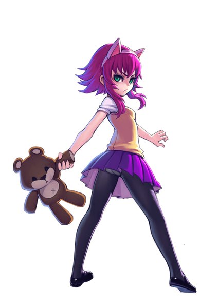 Anime picture 1000x1415 with league of legends annie (league of legends) tibbers (league of legends) fkey long hair tall image looking at viewer light erotic simple background white background green eyes animal ears pink hair cat ears pantyshot turning head fake animal ears girl skirt underwear