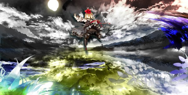 Anime picture 1280x649 with touhou rumia uki (room 405) single short hair blonde hair wide image sky cloud (clouds) flying scenic girl dress plant (plants) hat tree (trees) water moon sun