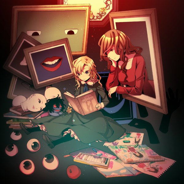 Anime picture 1000x1000 with ib (game) pd-x long hair blonde hair smile brown hair multiple girls brown eyes eyes girl dress 2 girls book (books) child (children) apple doll (dolls) picture frame eyeball notebook