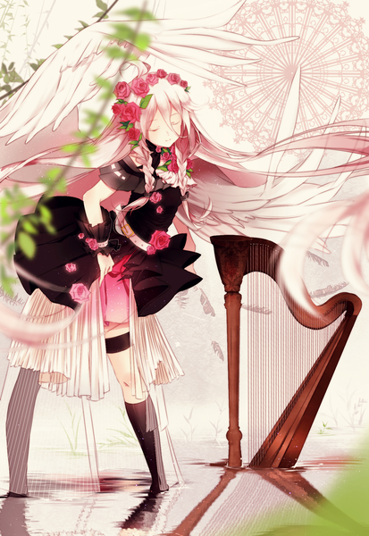 Anime picture 800x1162 with vocaloid ia (vocaloid) cangchen single tall image pink hair ahoge braid (braids) very long hair hair flower depth of field reflection angel wings girl thighhighs dress hair ornament flower (flowers) black thighhighs wings