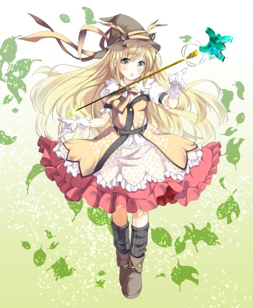 Anime picture 1035x1260 with original izumil single long hair tall image looking at viewer blush blonde hair green eyes girl dress gloves hat shoes leaf (leaves) staff