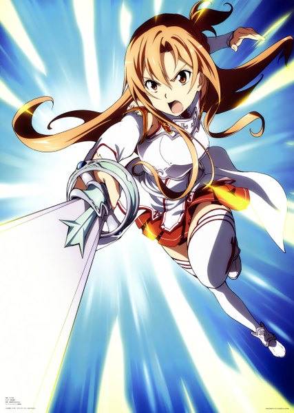 Anime picture 3640x5115 with sword art online a-1 pictures yuuki asuna single long hair tall image highres open mouth brown hair brown eyes absurdres official art girl thighhighs weapon white thighhighs sword