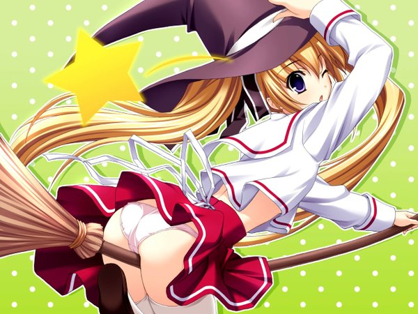 Anime picture 1280x960 with light erotic blonde hair witch broom riding skirt uniform underwear panties school uniform hat star (symbol) broom