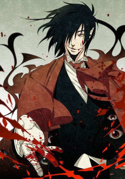 Anime picture 1260x1800 with hellsing alucard (hellsing) wi (artist) single tall image fringe short hair black hair smile yellow eyes pointy ears hair over one eye eyes boy gloves blood coat