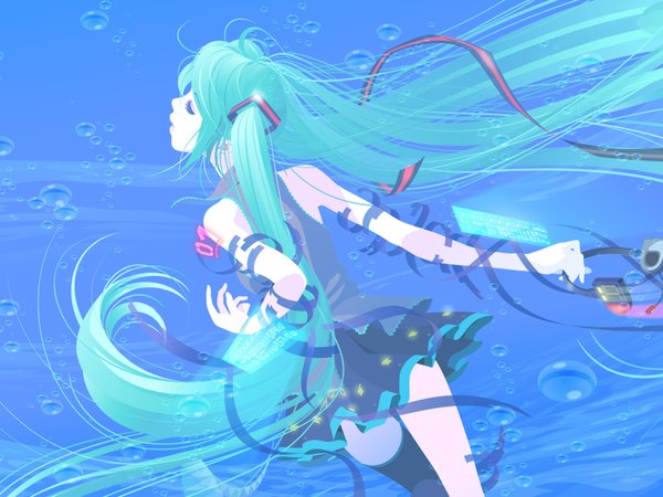 Anime picture 1600x1200 with vocaloid hatsune miku hata hata single twintails eyes closed from behind aqua hair underwater girl thighhighs ribbon (ribbons) black thighhighs bubble (bubbles) single thighhigh headset