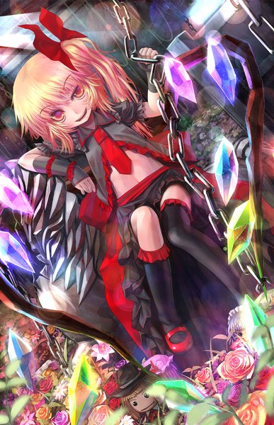 Anime picture 1200x1860 with touhou flandre scarlet patricia (stylish marunage) single tall image looking at viewer short hair blonde hair smile red eyes sitting teeth loli fang (fangs) alternate costume one side up girl flower (flowers) bow hair bow