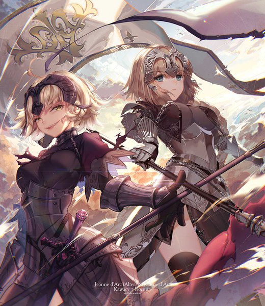 Anime picture 887x1024 with fate (series) fate/grand order fate/apocrypha jeanne d'arc (fate) (all) jeanne d'arc alter (fate) jeanne d'arc (fate) kawacy long hair tall image looking at viewer fringe short hair breasts open mouth blue eyes blonde hair smile multiple girls holding signed