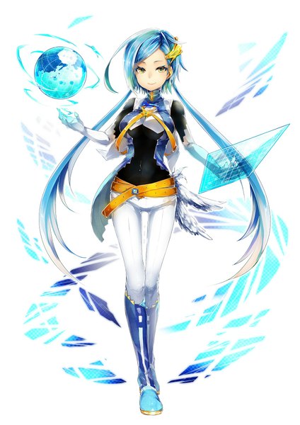 Anime picture 1524x2154 with original yokiri single long hair tall image looking at viewer smile white background twintails brown eyes blue hair girl gloves wings elbow gloves belt white gloves knee boots planet earth