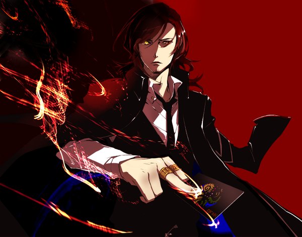 Anime picture 1432x1125 with c: the money of soul and possibility control mikuni souichirou nishina ichihachi single brown hair bare shoulders yellow eyes magic red background boy shirt necktie ring coat card (cards)