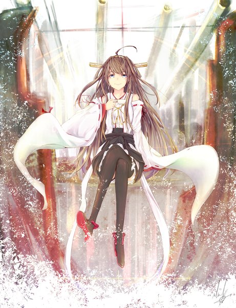 Anime picture 1500x1950 with kantai collection kongou battleship marumoru single long hair tall image looking at viewer blue eyes smile brown hair ahoge crossed legs nontraditional miko girl thighhighs hair ornament black thighhighs detached sleeves cup