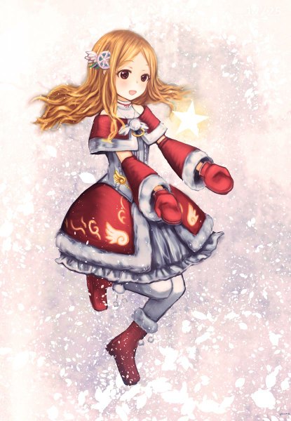 Anime picture 830x1200 with original youme single long hair tall image blush open mouth blonde hair brown eyes girl dress hair ornament detached sleeves boots star (symbol) mittens