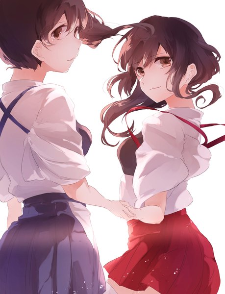 Anime picture 1625x2126 with kantai collection kaga aircraft carrier akagi aircraft carrier miwano rag long hair tall image looking at viewer fringe breasts simple background smile brown hair white background multiple girls brown eyes ponytail pleated skirt looking back sunlight side ponytail