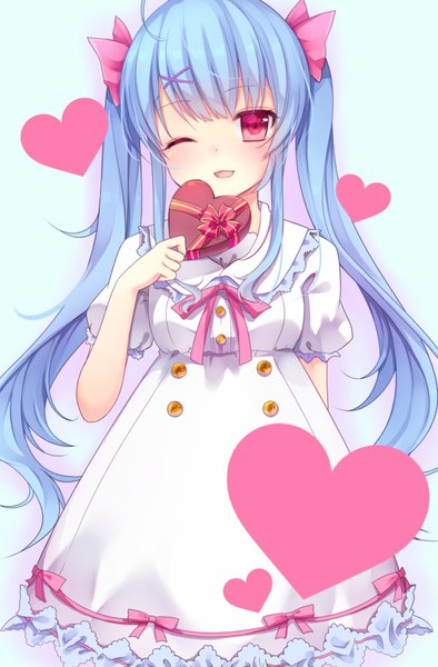 Anime picture 600x912 with original nachi single long hair tall image looking at viewer blush fringe open mouth twintails blue hair eyes closed one eye closed pink eyes wink valentine girl dress bow ribbon (ribbons)