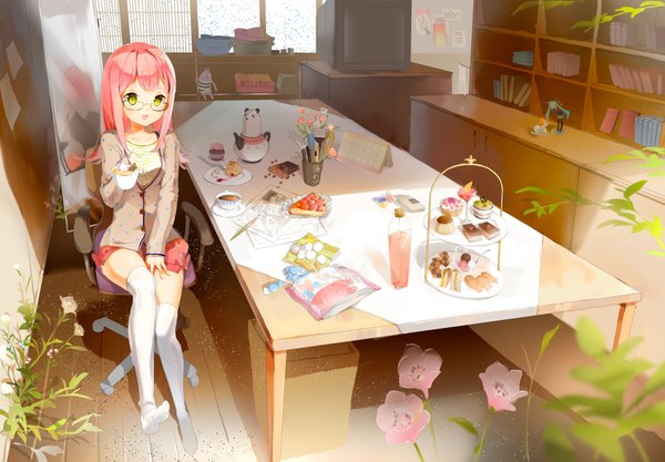 Anime picture 1693x1178 with original vocaloid hatsune miku anmi single long hair looking at viewer fringe open mouth sitting green eyes pink hair indoors no shoes reflection girl thighhighs flower (flowers) plant (plants) white thighhighs