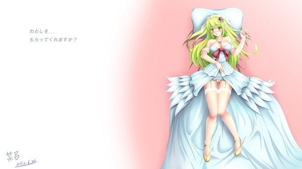 Anime picture 1440x810 with hyui cf2 single long hair blush open mouth light erotic wide image green eyes green hair pointy ears pantyshot girl thighhighs dress white thighhighs
