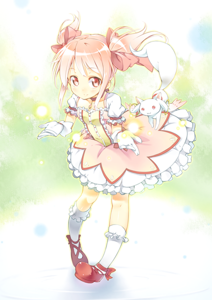 Anime picture 744x1052 with mahou shoujo madoka magica shaft (studio) kaname madoka kyuubee ichi makoto single tall image looking at viewer short hair twintails pink hair pink eyes from above short twintails girl dress gloves bow hair bow animal