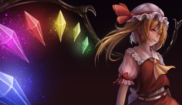 Anime picture 1560x900 with touhou flandre scarlet cj man single short hair open mouth blonde hair red eyes wide image one side up girl dress skirt wings bonnet skirt set crystal