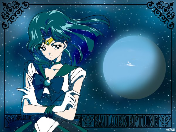 Anime picture 1600x1200 with bishoujo senshi sailor moon toei animation kaiou michiru sailor neptune mirtillo single long hair looking at viewer green eyes signed green hair character names floating hair crossed arms vector third-party edit girl gloves bow earrings