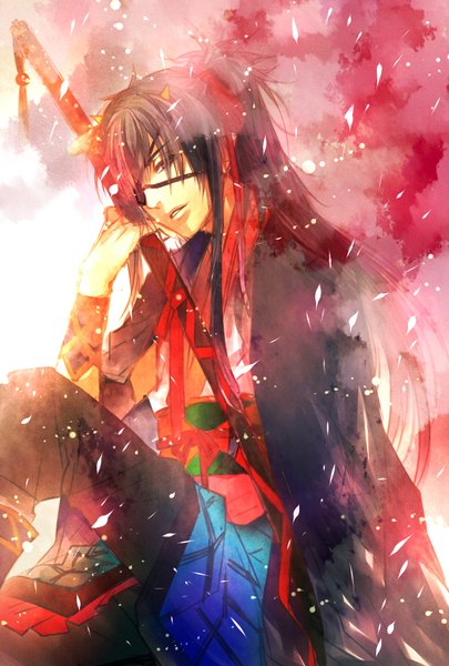 Anime picture 1181x1748 with original tayuya1130 single long hair tall image open mouth red eyes brown hair sitting ponytail traditional clothes japanese clothes horn (horns) clothes on shoulders boy ribbon (ribbons) weapon hair ribbon sword katana