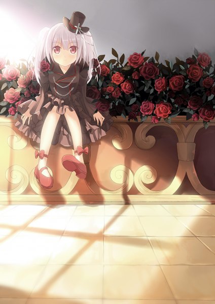 Anime picture 1200x1696 with original shiro (xinta) xinta long hair tall image looking at viewer red eyes sitting twintails white hair girl dress flower (flowers)