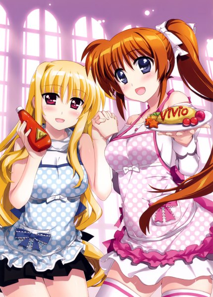 Anime picture 3504x4888 with mahou shoujo lyrical nanoha fate testarossa takamachi nanoha fujima takuya long hair tall image looking at viewer highres open mouth blonde hair red eyes purple eyes multiple girls absurdres ponytail scan orange hair official art girl dress