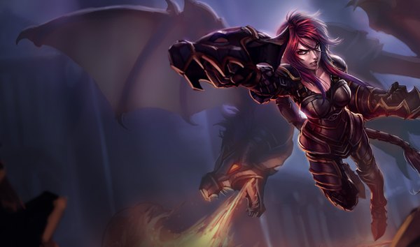 Anime picture 1215x717 with league of legends shyvana (league of legends) single breasts red eyes wide image large breasts red hair very long hair girl armor fire dragon