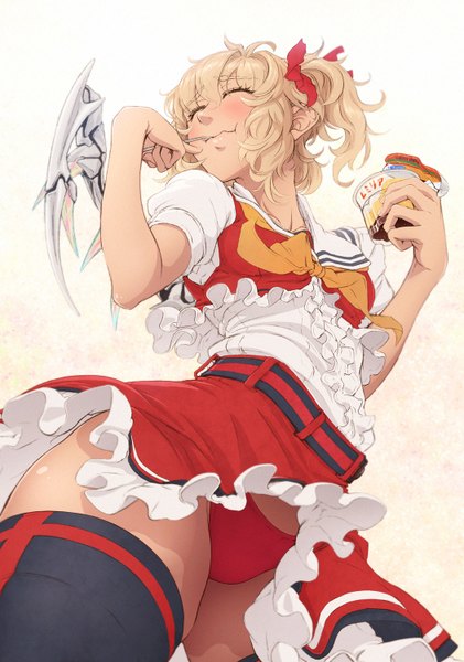 Anime picture 1052x1500 with touhou flandre scarlet imizu (nitro unknown) single tall image light erotic blonde hair white background eyes closed from below short sleeves pantyshot puffy sleeves one side up wavy hair frilly skirt upskirt curly hair alternate wings girl